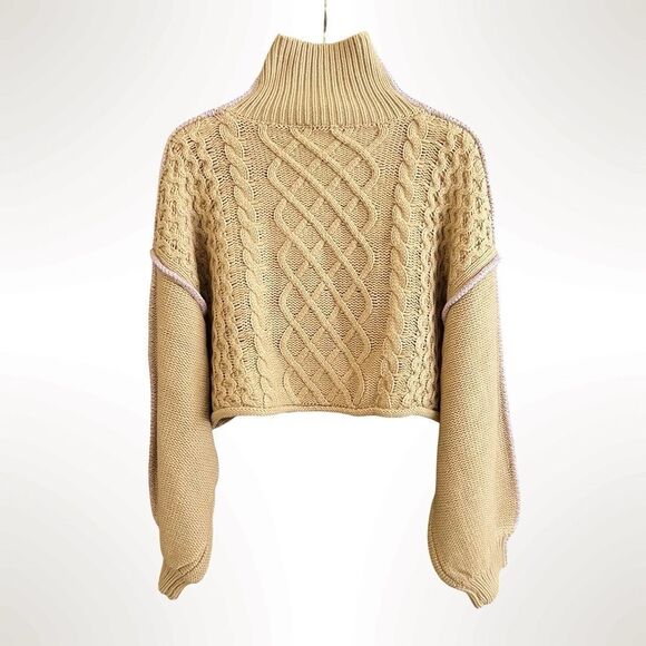 New Callahan Knitwear Cropped Cameron  Tan & Purple Turtleneck Sweater- Medium - Picture 3 of 16